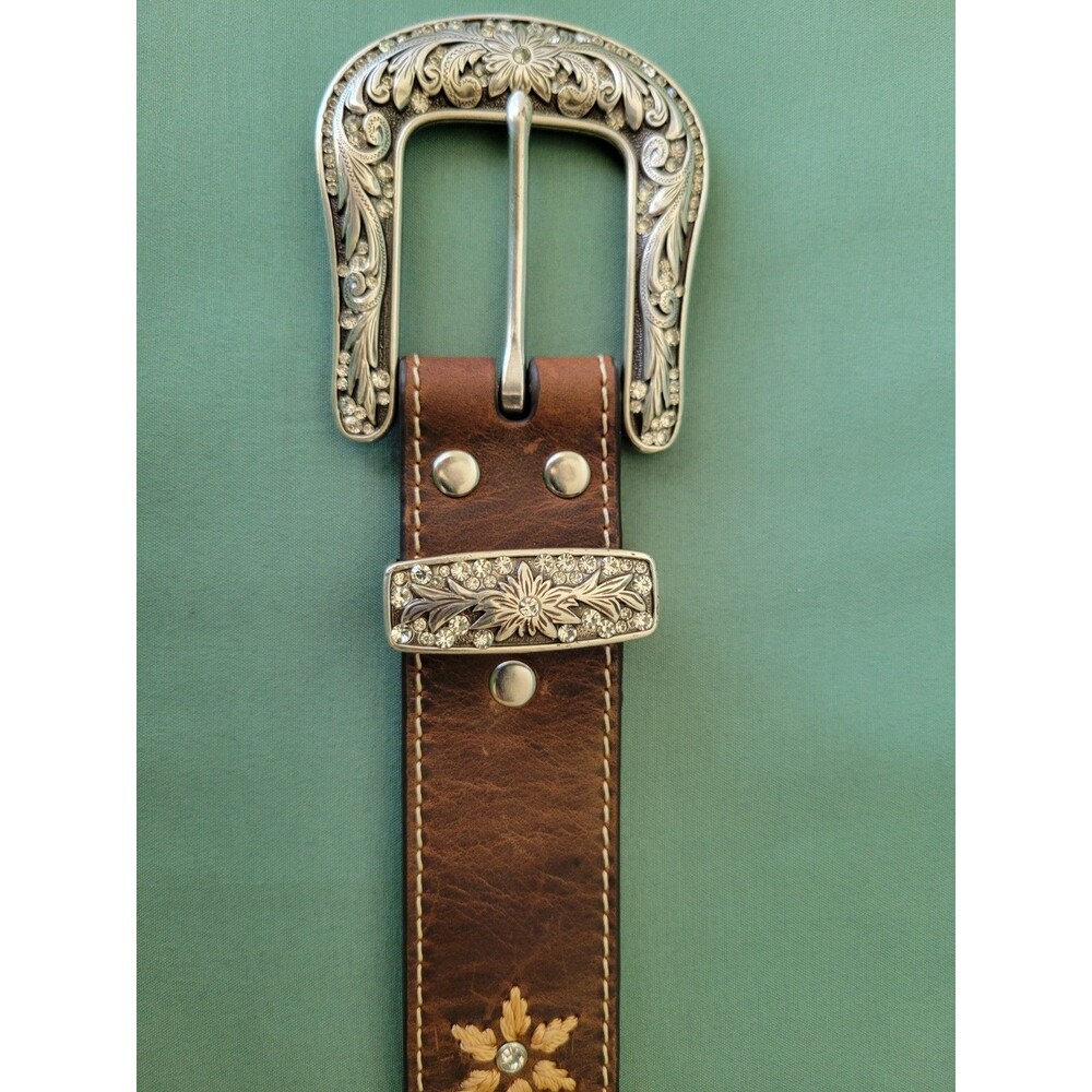 Nocona Western Boho Rhinestone Floral Leather Belt Brown Embroidered Women's M